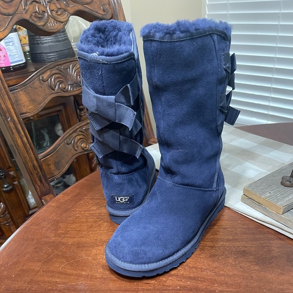 ugg navy everleigh boot 1005386 boots suede bow blue boot shearling - Picture 1 of 10
